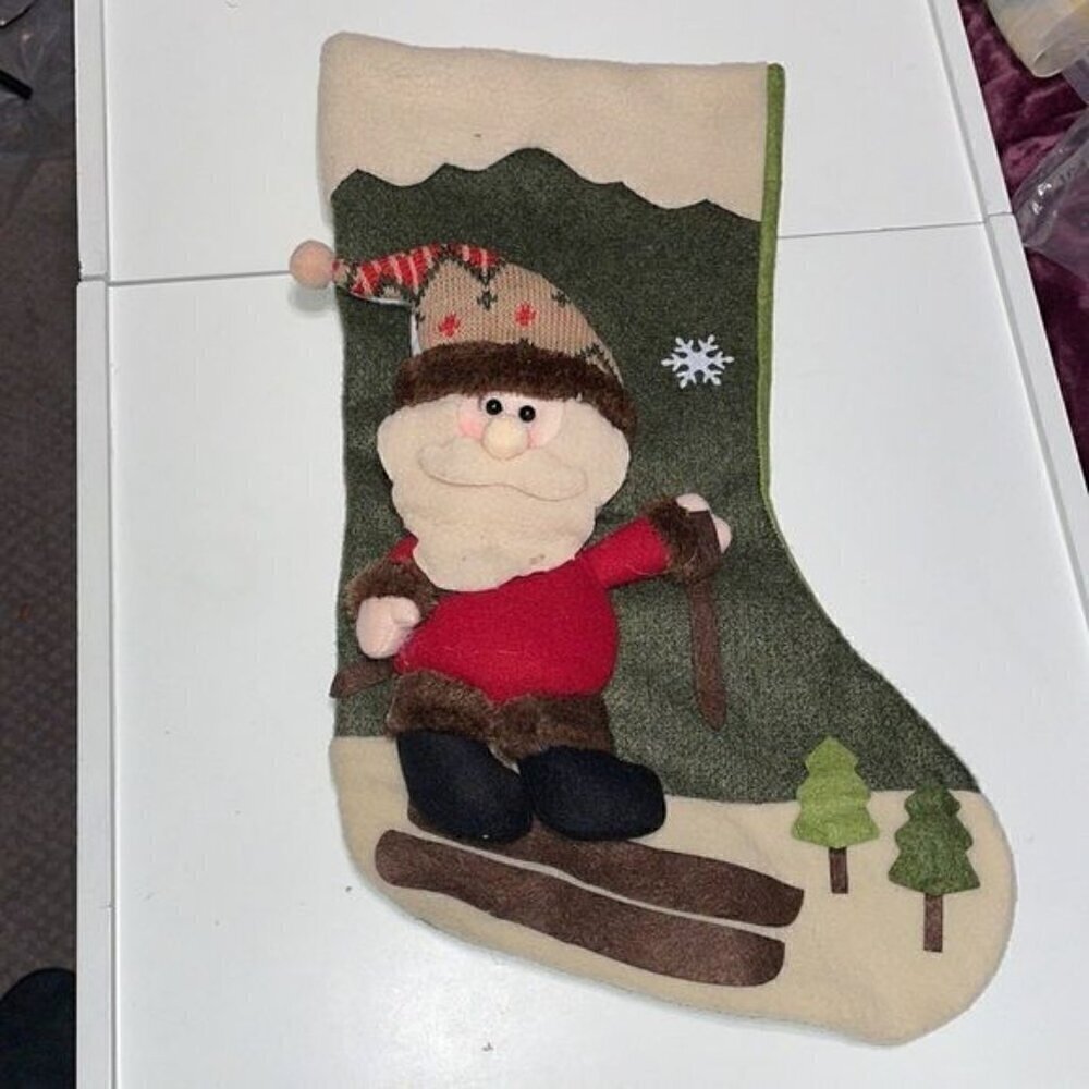 New 3D Plush Christmas Stocking Felt Santa Skiing Green